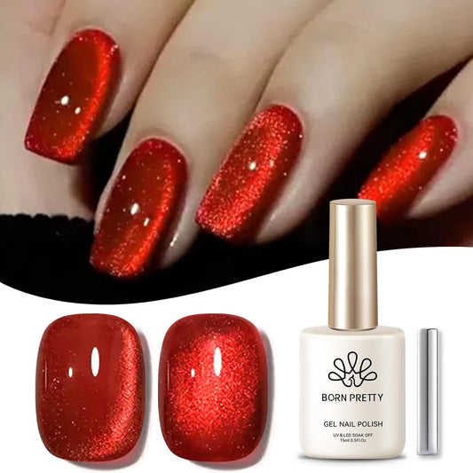 Born Pretty Cat Magnetic Eye Gel Nail Polish Ruby Red Holographic Glitter Shiny Sparkle Crystal Gel Nail Polish Magnetic Nail Polish Salon DIY at Home 15mL-BrightBean Baby