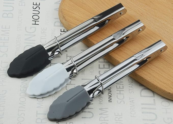 Mini Tongs with Silicone Tips 7-Inch Small Serving Tongs, Set of 3 (Black White Gray)