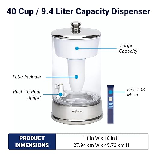 ZeroWater 40-Cup Ready-Pour 5-Stage Round Glass Water Filter Dispenser with 5-Stage 0 TDS Water Filter – IAPMO Certified to Reduce Lead, Chromium, and PFOA/PFOS