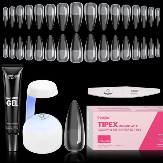 Beetles Tipex Instant Apex Nail Tips Kit Halloween Nails, Medium Stiletto, 224 Pcs 16 Sizes Pre-Building Pre-Etched False Nail Tips with Tipex Nail Glue, Mini Nail Lamp-BrightBean Baby