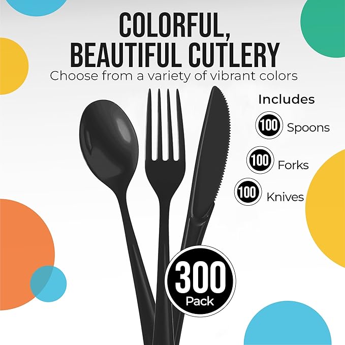 Party Solids Black Plastic Silverware Heavy Duty 300 Pieces Black Plastic Cutlery Sets, Utensil Sets, 100 Of Each Forks, Knives & Spoons Disposable Cutlery Set, Flatware Set For Party Supplies