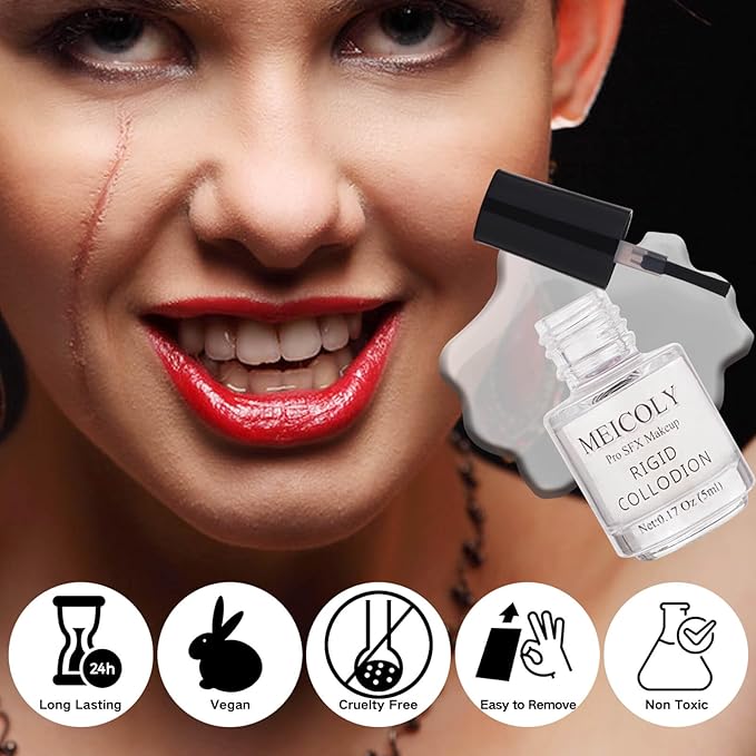 MEICOLY Rigid Collodion and Remover Kit,Scarring Liquid with Brush,Professional Scar Makeup for Halloween SFX Cosplay,Liquid Scar Fake Scar Makeup for Theater Stage Performance,Collodion Scar Liquid-BrightBean Baby