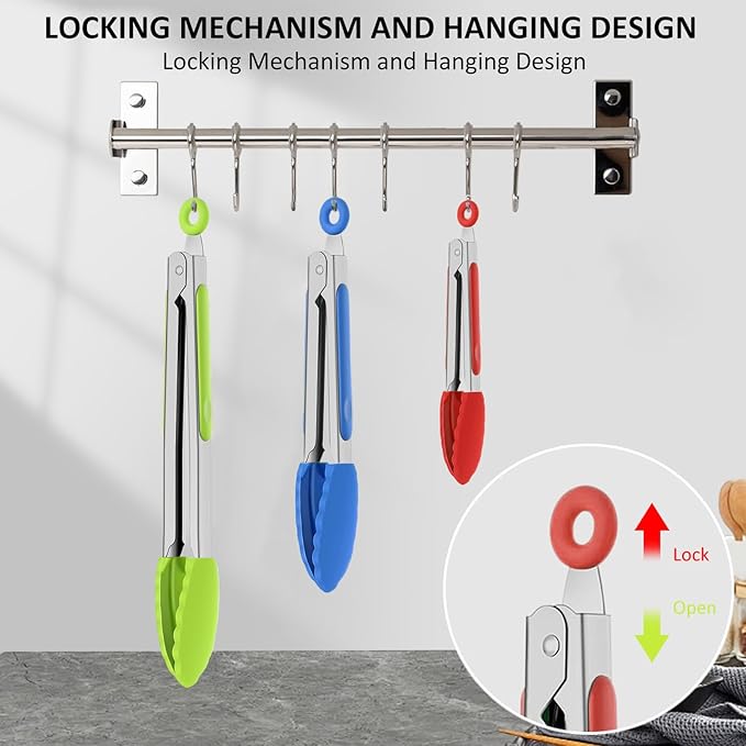 9 Pieces Silicone Tongs for Cooking 7,9,12 inches Kitchen Tongs with Silicone Tip Stainless Steel Heat Resistant Cooking Tongs for Food Grill Salad BBQ Frying and Serving, 3 Color