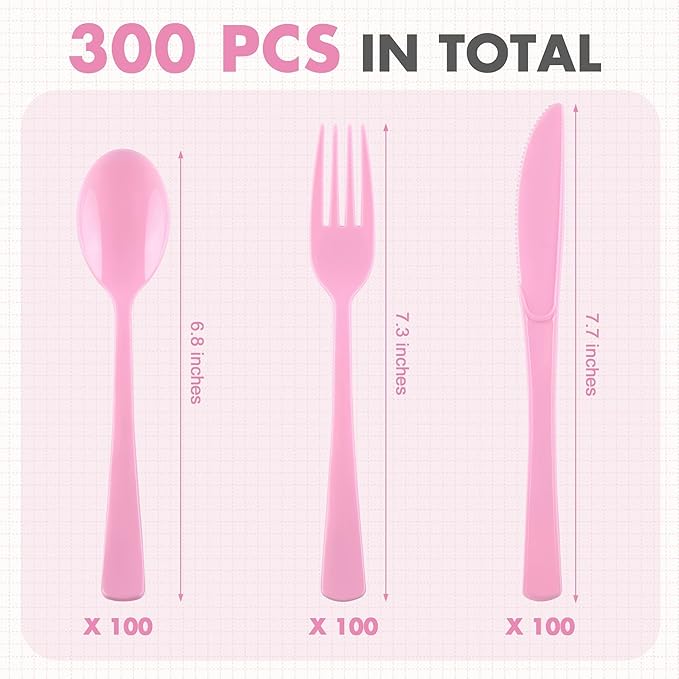 300 Pieces Light Pink Plastic Silverware Heavy Duty Plastic Cutlery Set Heavyweight Disposable Flatware Includes Spoons Forks Knifes for Birthday Party Prom Night Wedding Dinner