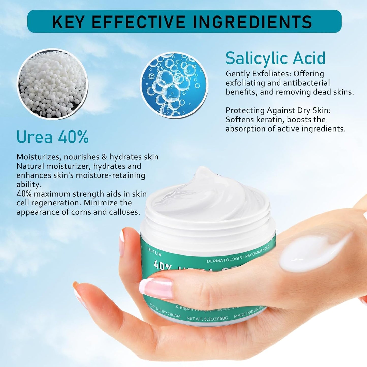 Urea Cream 40 Percent For Feet Maximum Strength - plus Salicylic Acid 2% Foot Cream For Dry Cracked Heels Feet Knees - Dead Skin Cuticle Callus Remover Toenail Softener - Pack of 2-BrightBean Baby