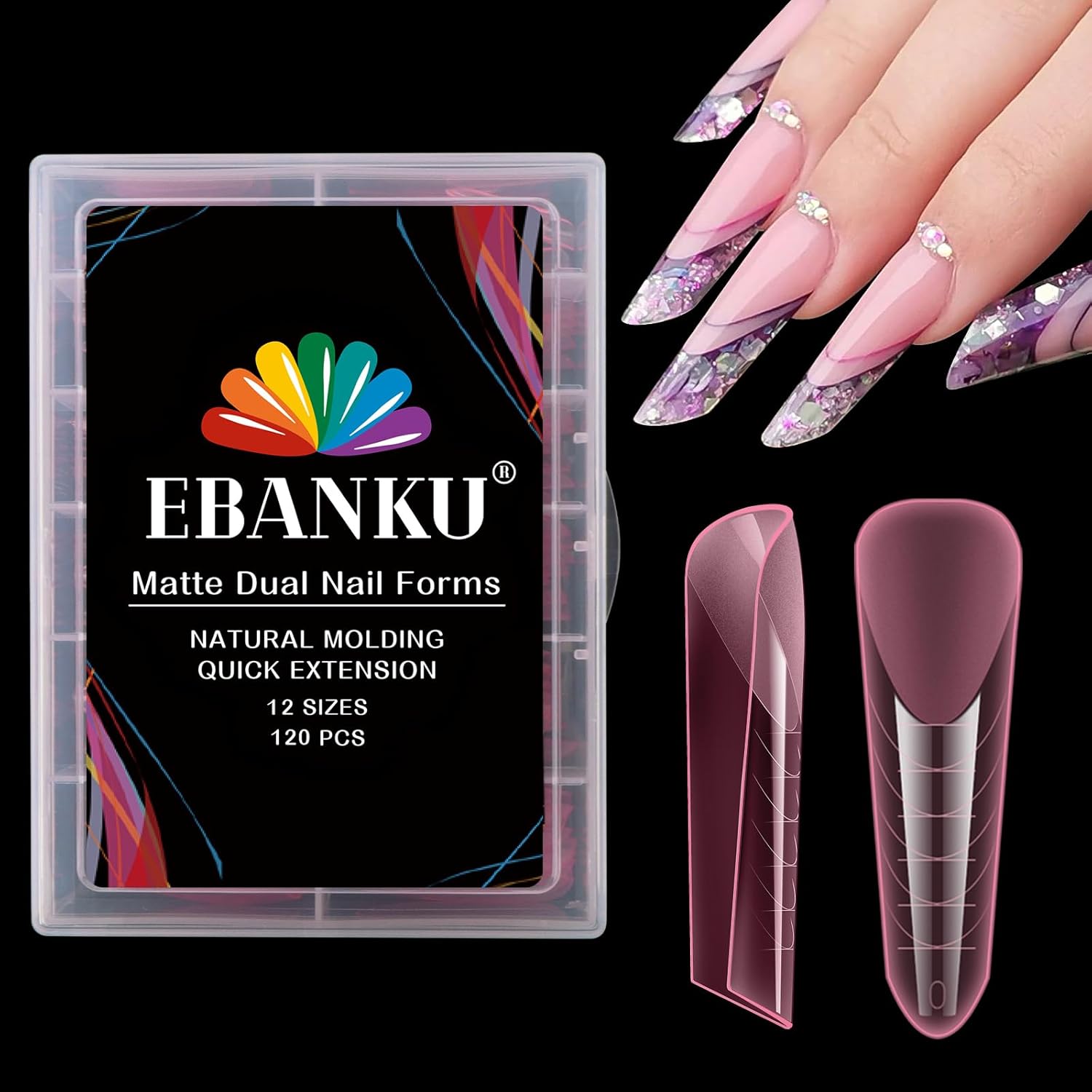EBANKU Dual Nail Forms for Poly Extension Gel, 120 PCS Pink Nail Molds Reusable Nail Extension Forms for Builder Gel Manicure Design Salon DIY 12 Sizes-BrightBean Baby