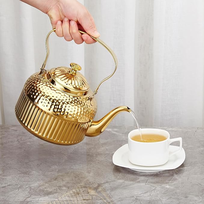 SANQIAHOME Antique 1.5L (50Oz) Stainless Steel Teapot with Infuser Gold