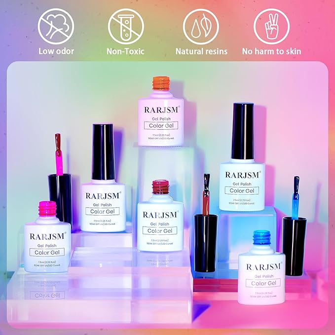 RARJSM Colorful Stained Glass Gel Nail Polish Set 6pcs Clear Crytal Blue Green Yellow Orange Red Neon Pink Series Transparent Sheer Amber Milky Gel Varnish LED UV Curing Requires French Manicure-BrightBean Baby