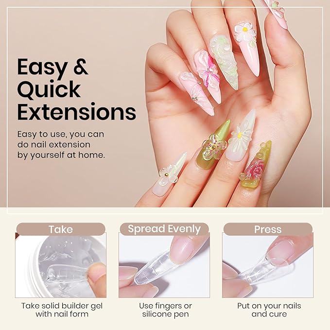 MIZHSE 100g Solid Builder Gel for Nails, Large Capacity Clear Hard Gel 3D Sculpting for Nail Art U V LED Builder Kit with 3D Silicone Pen, for Salon Home DIY-BrightBean Baby