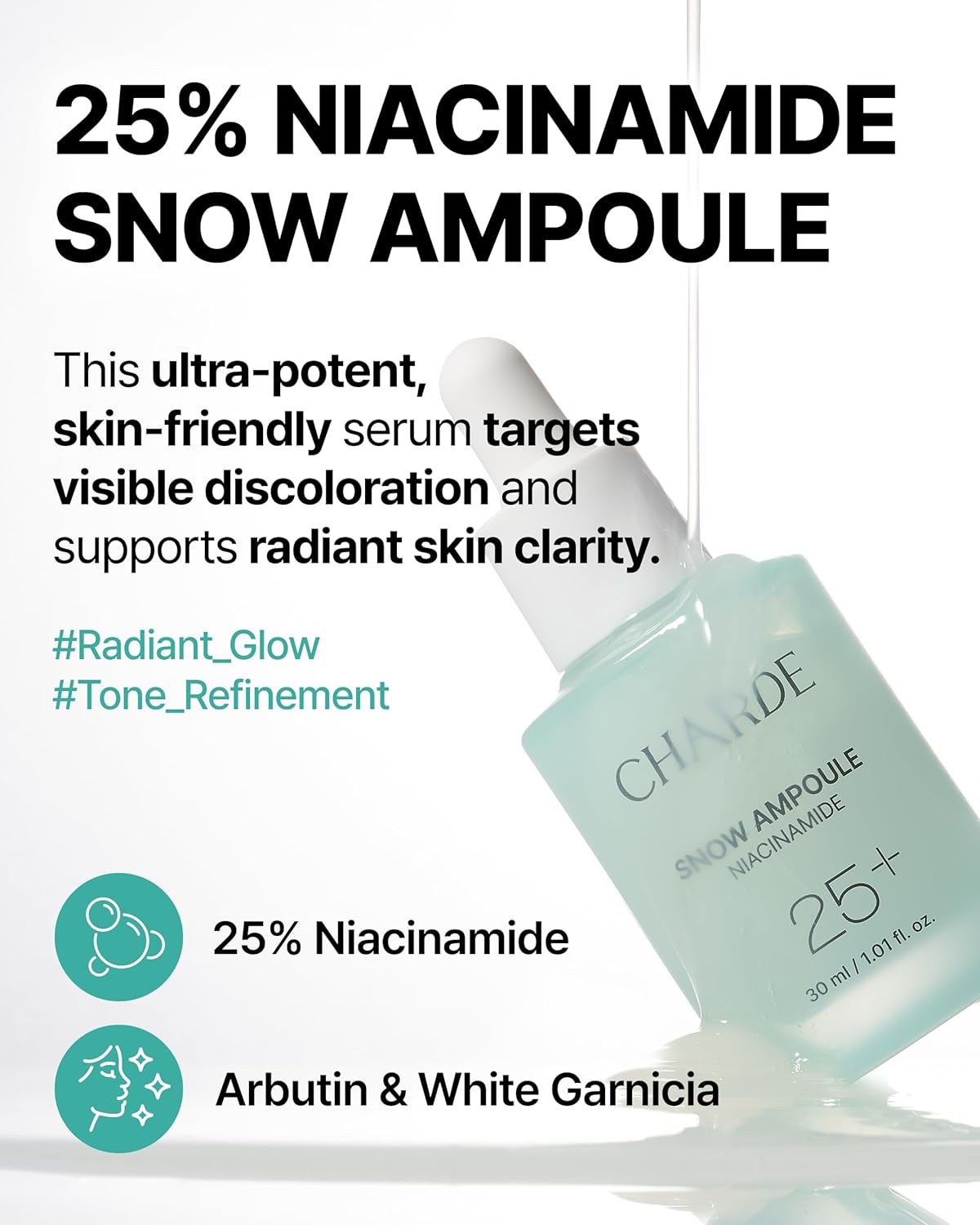 Charde Niacinamide 25% Snow Ampoule for Face, Dark Spot Care for Hyperpigmentation, Freckles & Sun Spots | Radiance Boosting with White Garcinia & Arbutin, Korean Skin Care, 1.01 fl. oz.-BrightBean Baby