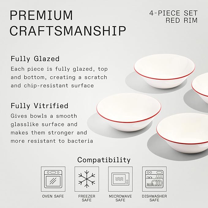 Made In Cookware - Set of 4 - Side Bowls - White With Red Rim - Porcelain England
