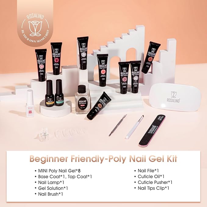 ROSALIND Poly Nail Gel Kit -8 Colors + Nail Art Accessories Kit Neon Poly Nails Gel Kit Starter Kit With Slip Solution Pro Clear Bright Colors Nail Extensions Gel Set with Mini UV Lamp-BrightBean Baby