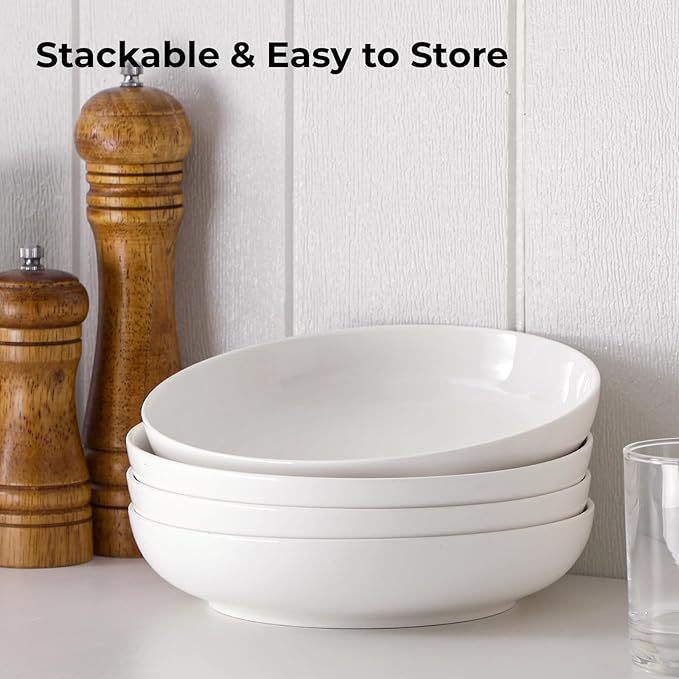 YHY Pasta Bowls Set of 4, 22 oz Ceramic Salad Plates, 7.8 Inch Wide Shallow Porcelain Dishes for Dinner, Microwave & Dishwasher Safe, White