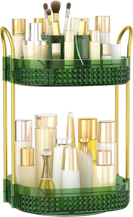 360° Rotating Makeup Organizer 2 Tier, Large Skincare Clear Make Up Storage Spinning Perfume Organizers for Bathroom Counter Dresser, Green-BrightBean Baby