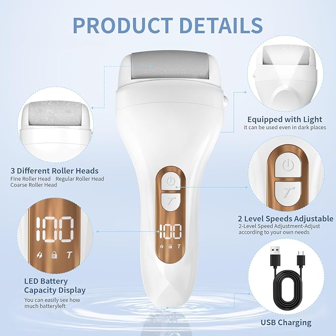 Electric Callus Remover for Feet - with Larger Grinding Head, Portable Pedicure Kit Foot File Callus Remover, Rechargeable Waterproof Foot File for Foot Care Deadskin Remover LCD Display-White-BrightBean Baby