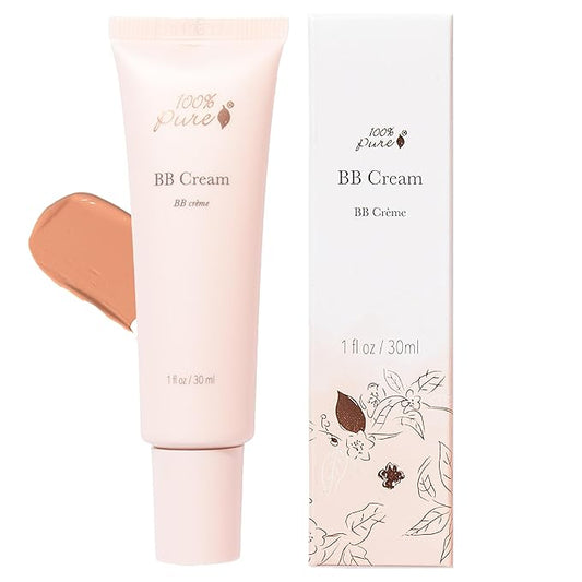 100% PURE BB Cream Shade 20 Aglow Full Face Coverage Skin Care & Glow - All-In-One Primer Concealer & Foundation Makeup - Shimmery, Dewy Youth Medium Color w/Warm Undertone - Vegan - 1 Fl Oz-BrightBean Baby