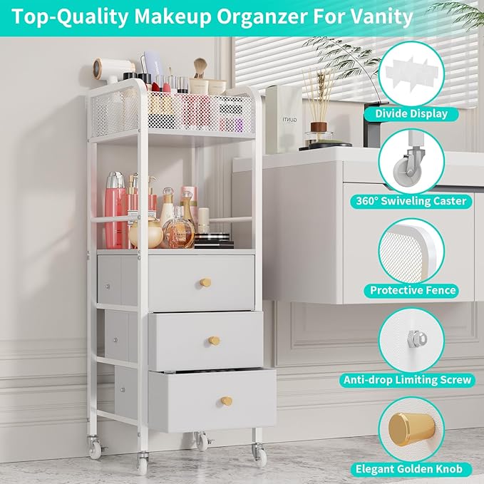 HapiRm Rolling Makeup Cart Organizer - Floor Skincare Make Up Storage with 3 Drawers, Vanity Organizer Cosmetic Display Cases Holder for Skin Care Perfume Nail Polish Brush Hair Tool, White-BrightBean Baby