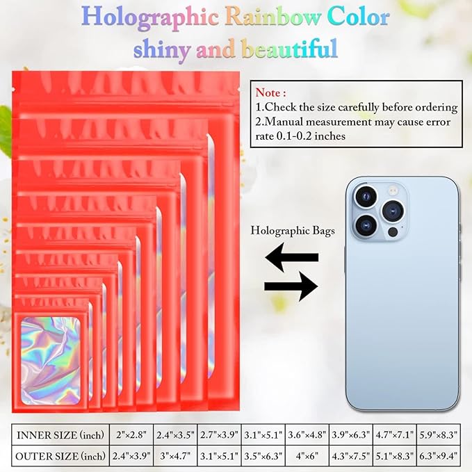 100 Pieces Smell Proof Mylar Resealable Bags, Holographic Packaging Bags, Resealable Odor Foil Pouch Zip Bag with Clear Window for Food Storage and Lipgloss, Jewelry Lash (Red, 3.5 x 6.3 Inch)-BrightBean Baby