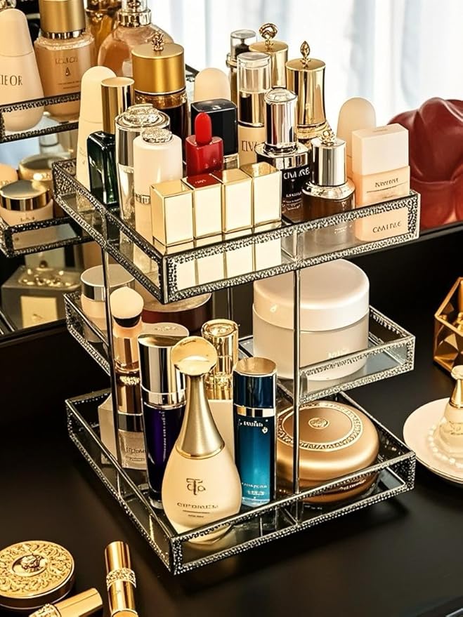 Vintage Glow Antique 360 Degree Rotating Makeup Organizer,4-Tier Spinning Perfume Tray,Countertop Cosmetic Storage,Glass Beauty Display,Retro Large Capacity Vanity Organizer for Brushes Skincare-BrightBean Baby