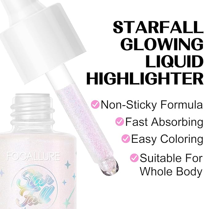 FOCALLURE Starfall Glowing Liquid Highlighter, Shimmering Body Oil, Non-Sticky Shimmer Liquid Luminizer, Non-Greasy, Face & Body Glitter Makeup for Costumes, Cosplay, Rave Festival, ORION-BrightBean Baby