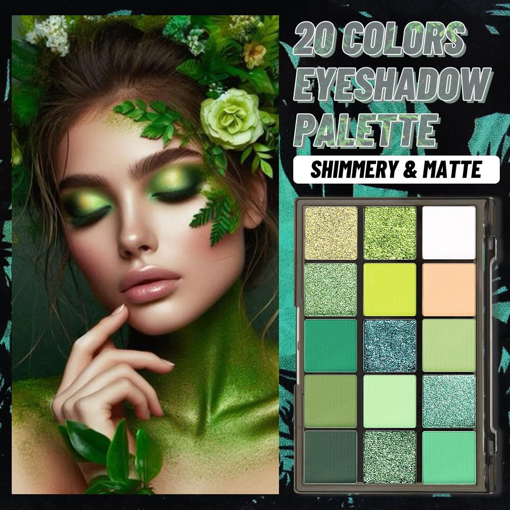 15 Colors Green Matte & Shimmer Eyeshadow Palette - Olive Teal GreenYellow DarkSeaGreen LimeGreen Pink White Eye Shadow Primers Powder for Smoky Looks, Makeup Artist Friendly, Vegan & Cruelty-Free-BrightBean Baby