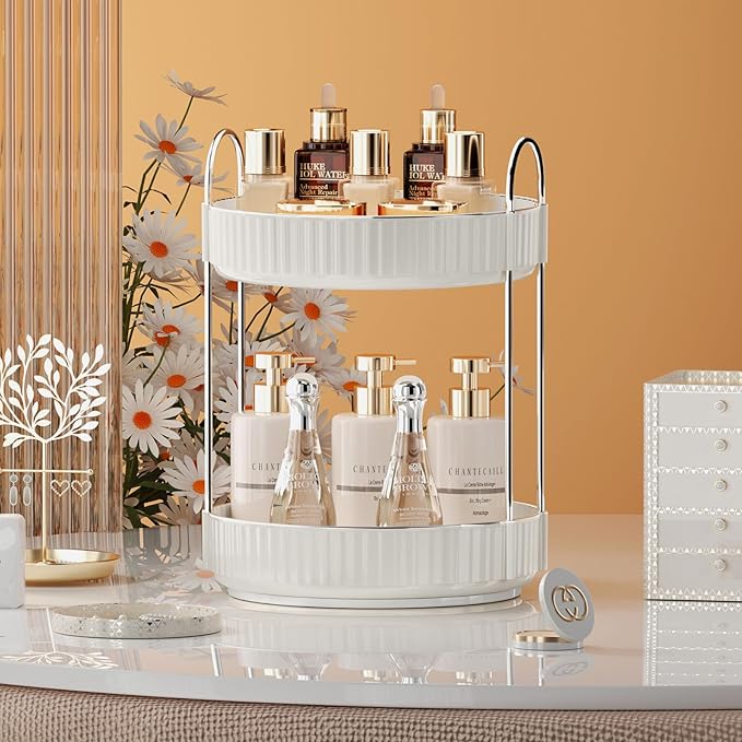 Rotating Makeup Organizer for Vanity, 2 Tier High-Capacity Skincare & Makeup Storage, Perfume Organizer, Cosmetic Dresser, Countertop 360 Spinning-BrightBean Baby