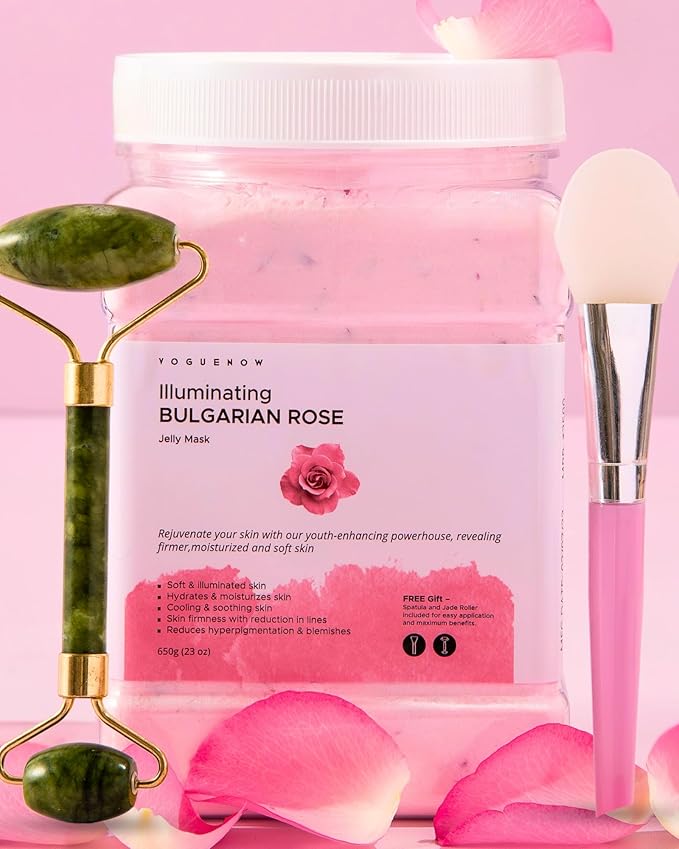 Jelly Face Mask for Facials - Bulgarian Rose Hydrating, Brightening & Nourishing Jelly Mask with Free Jade Roller & Spatula | Professional Hydrojelly Masks | Vajacial Jelly Mask Powder | 23 Oz Jar-BrightBean Baby