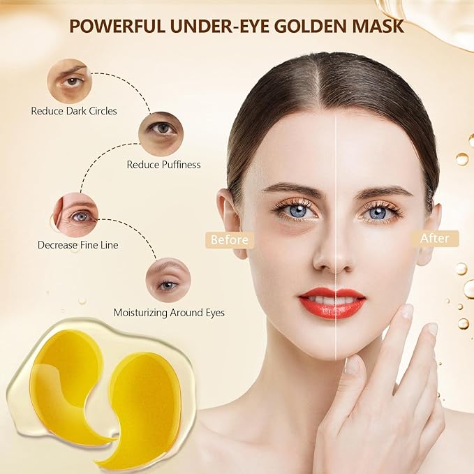 60 Pcs 24K Gold Under Eye Patches with 5 Pieces Travel 24K Golden Eye Mask, 30 Pairs Women Undereye Mask for Dark Circles Puffy Eyes Treatment, Men Gel Pads Hydrating for Puffiness Wrinkle-BrightBean Baby
