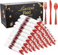 Liacere 400PCS Pre Rolled Red Silverware and Napkin - Disposable Red Plastic Utensils-Wrapped Plastic Cutlery Set with Napkin:100Forks,100Knives,100Spoons,100Napkins for Wedding＆Valentine＆Christmas