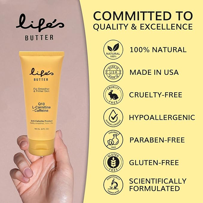 LIFE'S BUTTER Anti-Cellulite Cream - 100% Natural - Made in USA - Cruelty-Free - Hypoallergenic - Best Cellulite Reduction - Skin Firming + Tightening for Women L-Carnitine + CoQ10 + Caffeine – 6oz-BrightBean Baby