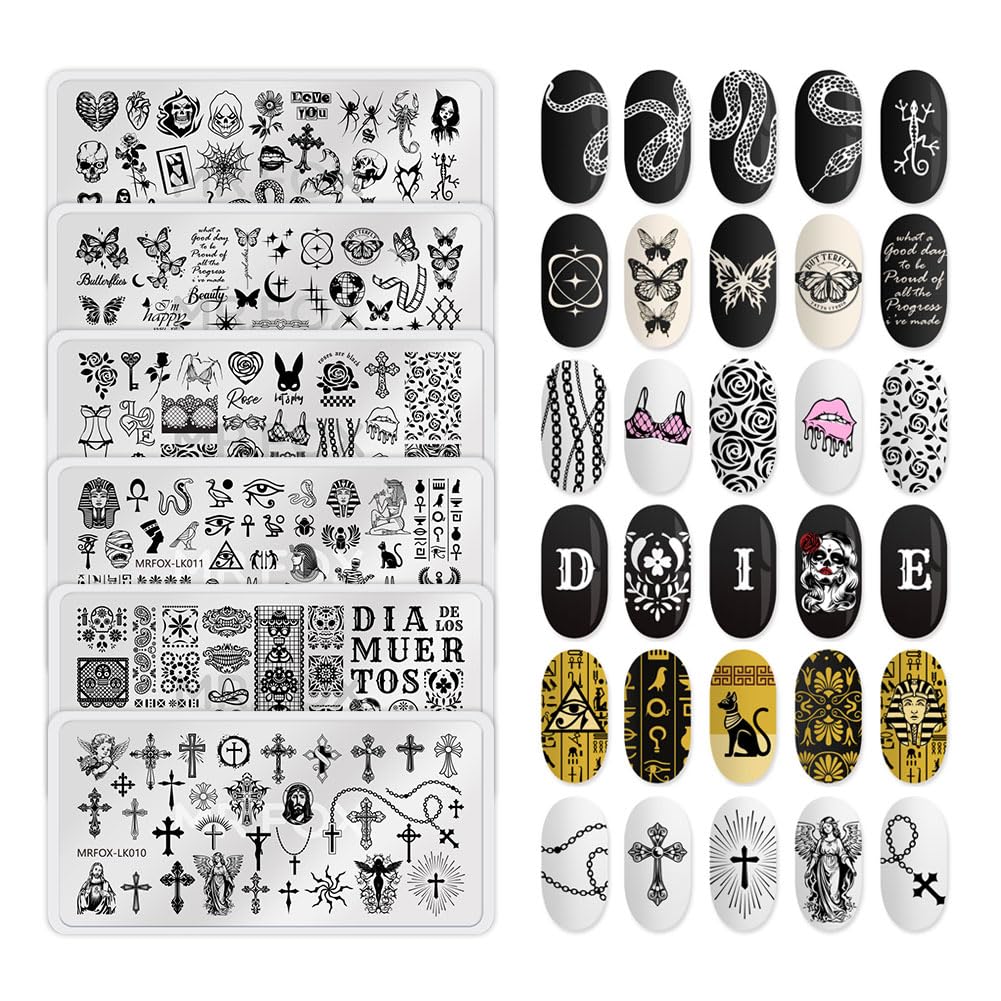 6 Pcs Nail Plates Stamping Set Rose Snake Butterfly Egyptian Cross Nail Art DIY Stamping Template-BrightBean Baby