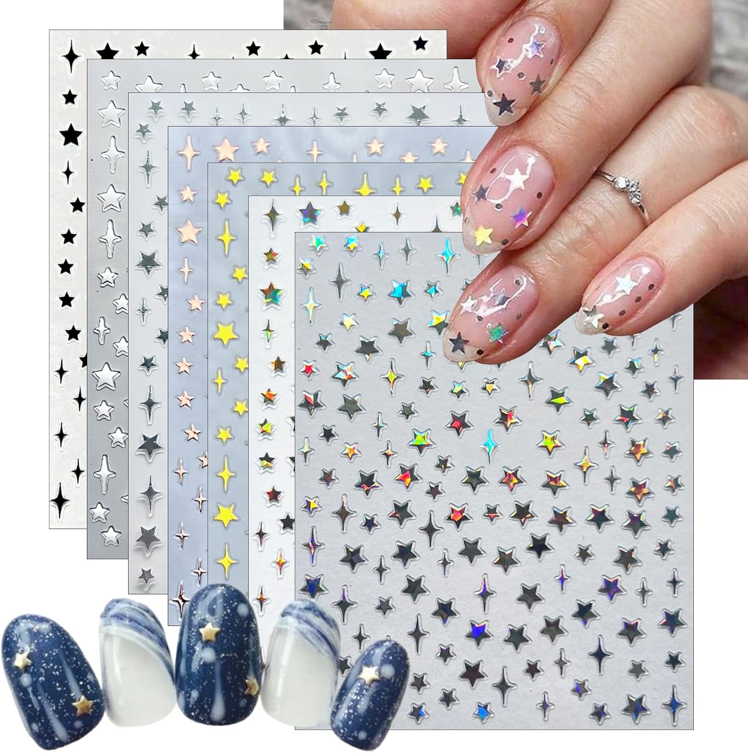 7Sheets Star Nail Art Stickers Decals 3D Self-Adhesive Shiny Black White Rose Gold Stars Nail Decals Holographic Laser Gold Silver Glitter Star Nail Design for Acrylic Manicure DIY Women Nail Decor-BrightBean Baby