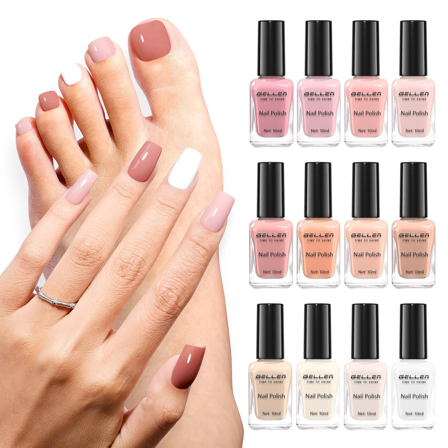 GELLEN Nail Polish Set, French Tip Manicure Nude White Regular Nail Polish Quick Air Dry Bright 12 Colors Set for Women Fingernail Toe Nails Salon Home, Non UV Gel, Hema Free, Non-toxic, Long Lasting-BrightBean Baby
