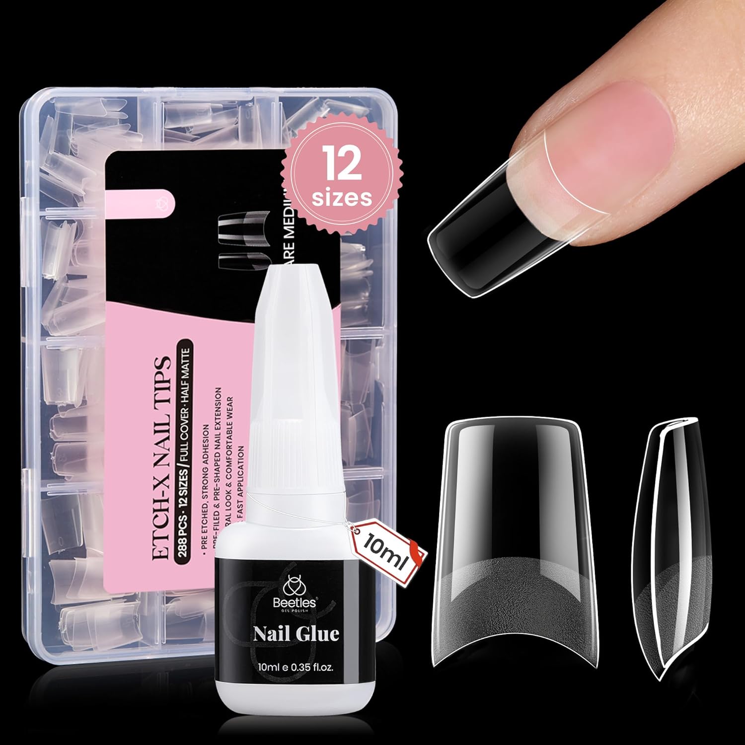 Beetles Gel Nail Tips Kit Etch-X, Square Medium, 288Pcs 12 Sizes, with 10mL Nail Glue, Pre-Etched Half Matte Half Cover Soft Acrylic False Nail Kit for Home DIY Salon Art Fall Press on Nail Extension-BrightBean Baby