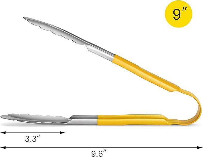 New Star Foodservice 35889 9-Inch Utility Spring Tongs, Stainless Steel, Vinyl Coated, Set of 12, Yellow