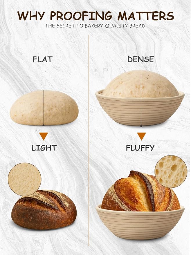 Sourdough Bread Baking Kit with 2 Pack 9" Round Banneton Proofing Baskets, Bread Baking Supplies with Cotton Liner, 430 Scraper, 304 Lame, Dough Whisk, Sourdough Starter Kit Gift