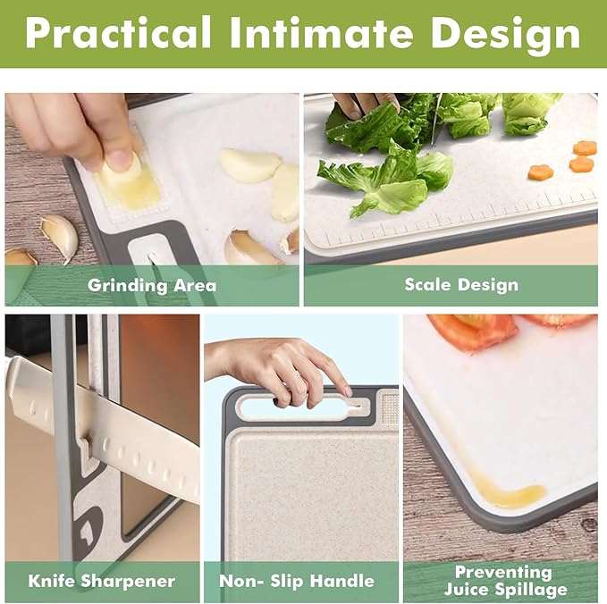 XIAPIA 2-in-1 Cutting Board Set (2 Pack), Stainless Steel & Plastic Cutting Boards for Kitchen, Metal Chopping Board Non Toxic & BPA Free, Built-in Knife Sharpener|Ginger Grater|Measurement Marks