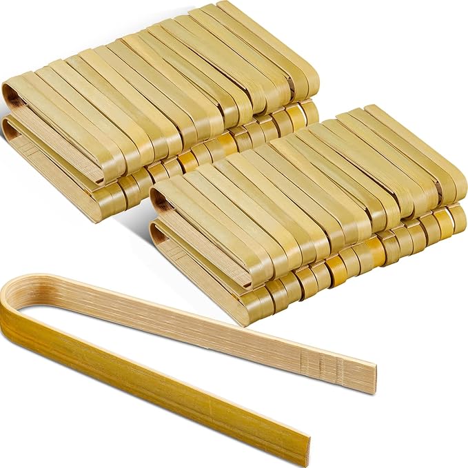 Patelai 180 Pieces Mini Bamboo Tongs Long Toast Tongs Disposable Wooden Cooking Bamboo Cooking Utensils for Toast Bread Pickles Tea Toaster Supplies (4 Inch)