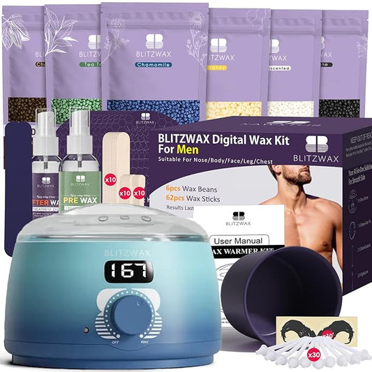 BLITZWAX Back and Nose Waxing Kit for Men, Hard Wax Warmer for Brazilian, Body and Face, At Home Hair Removal Kit, Beginner Friendly, Quick Heating, 93 Accessories, Blue Waves-BrightBean Baby