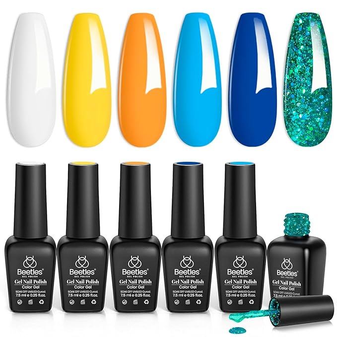 beetles Gel Polish Set, 6 Colors Yellow White Orange Blue Gel Polish Kit, Glitter Green Nail Polish Soak Off Nail Lamp Nail Art Manicure Kit, DIY Home Salon Gifts for Women-BrightBean Baby