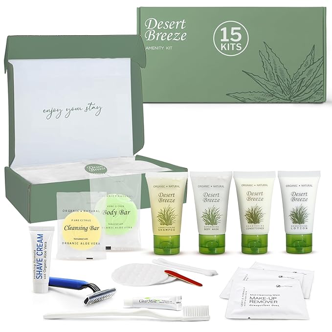 Desert Breeze Amenity & Accessory Kit | 1 oz Travel Size Shampoo, Conditioner, Lotion, Body Wash, Body Bar, Cleansing Bar, Shave & Dental Sets, Make-Up Remover Wipes, & Vanity Kit | 15 sets per case-BrightBean Baby