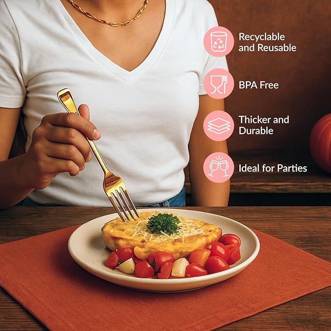 Prestee 100 Gold Plastic Forks - Heavy Duty Elegant Disposable Utensils - Fancy Plastic Silverware for Weddings and Holidays - Heavyweight 7 Inch Forks for Special Occasions