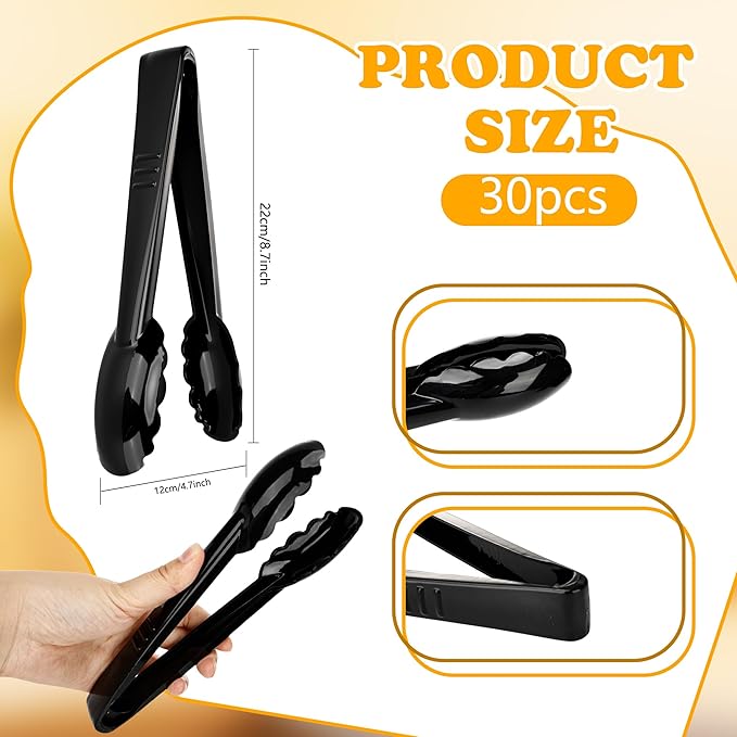 30 Pack 9 Inch Black Plastic Serving Tongs Durable Disposable Scalloped Buffet Food Tongs for Buffet Salad BBQ Catering Parties and Events