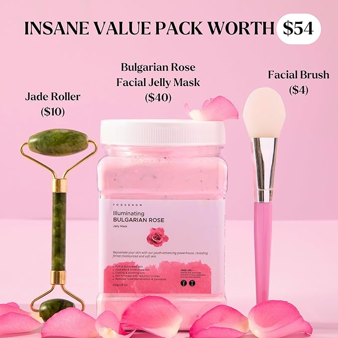 Jelly Face Mask for Facials - Bulgarian Rose Hydrating, Brightening & Nourishing Jelly Mask with Free Jade Roller & Spatula | Professional Hydrojelly Masks | Vajacial Jelly Mask Powder | 23 Oz Jar-BrightBean Baby