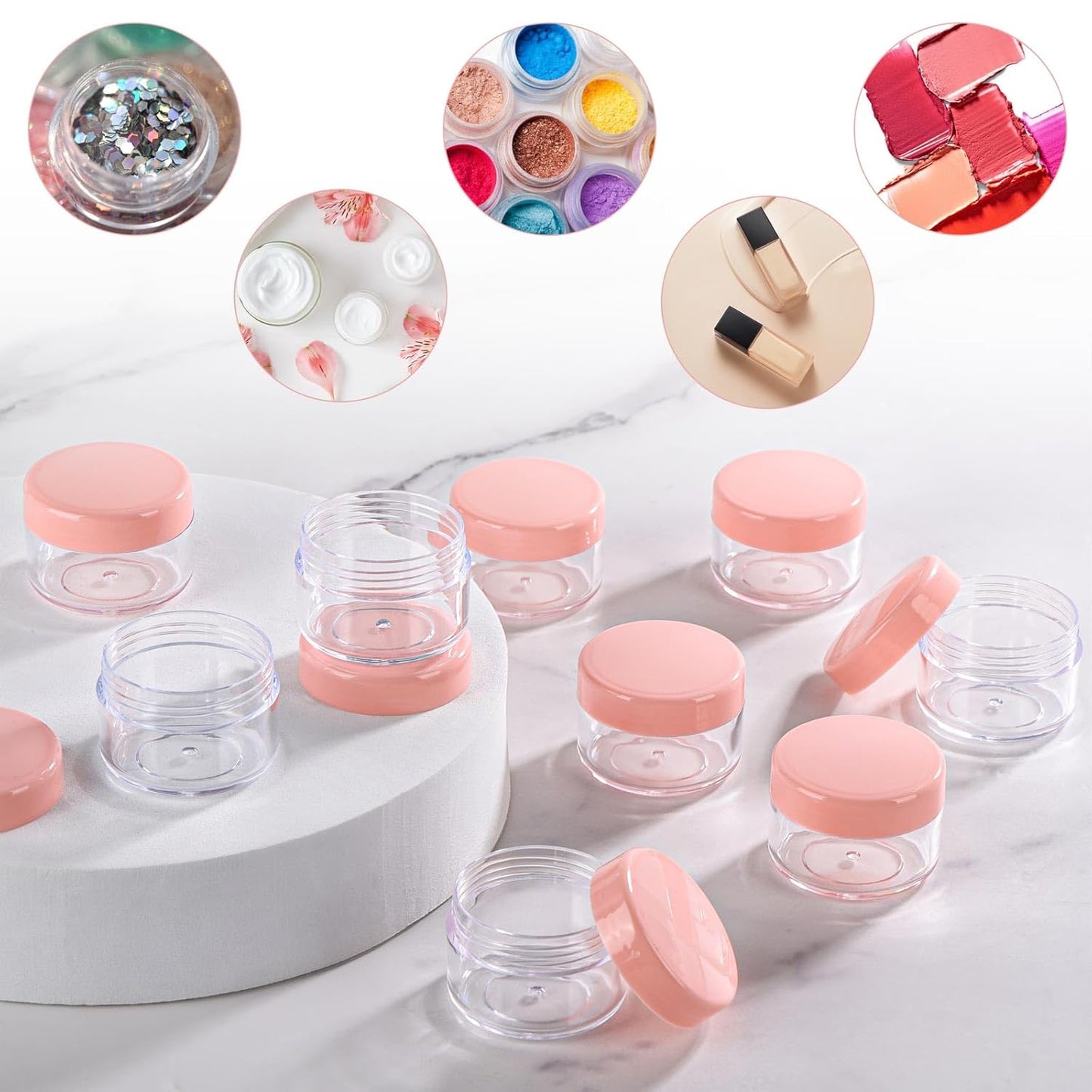 Refillable Cosmetic Sample Jars - 100 Pack 15g (0.5oz) Pink Small Travel Containers with Lids + 10 Mini Makeup Spatulas - BPA Free-BrightBean Baby