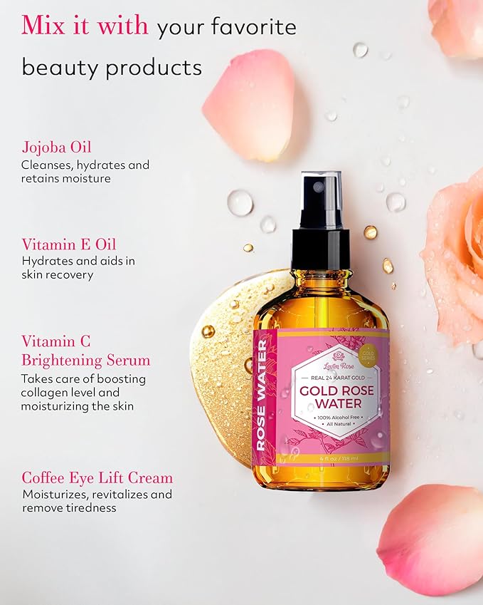 24 Karat Gold Rose Water Toner by Leven Rose Natural Moroccan 24K Rosewater Toner 4 oz-BrightBean Baby