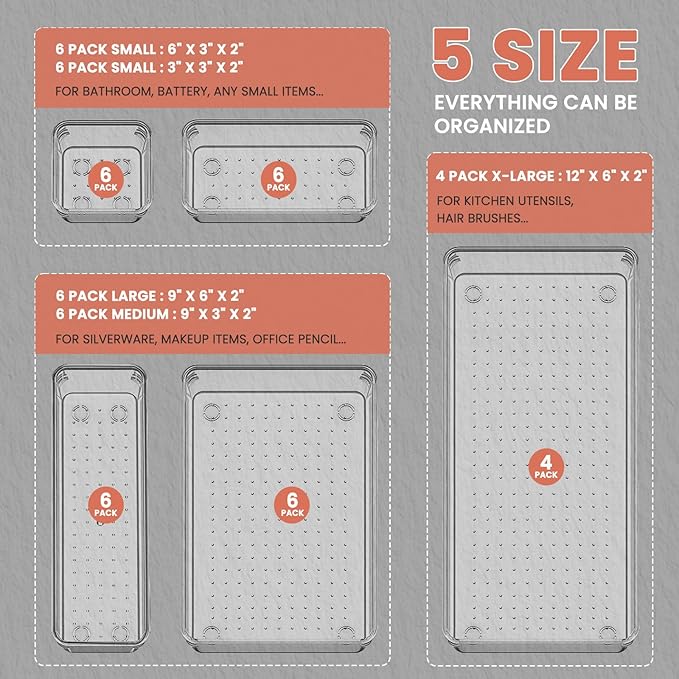 Large Clear Plastic Drawer Organizer 28 Pack - 5 Sizes (XL to small) Acrylic Drawer Organizer Trays for Kitchen Utensils, Gadgets, Bathroom, Vanity and Makeup, Office - Everything Can Be Organized!