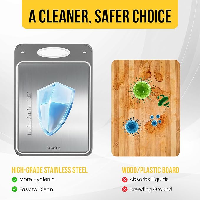 2 Pack Double Sided Stainless Steel Cutting Board Set - 16x11" + 14x9" - Non Slip Chopping Boards for kitchen with Deep Juice Groove, Built-In Measurement Scale, Garlic Grater, & Easy to Clean