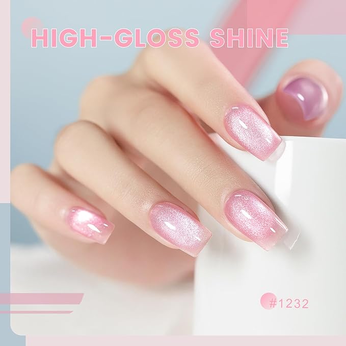 RARJSM Glass Jelly Cat Eye Gel Nail Polish Set 6pcs Reflective Sparkly Diamond Glitter Nude Pink Lake Blue Green Purple Clear Cateye Gelpolish with Magnet Stick 7.5ml Curing Requires for Home Salon-BrightBean Baby