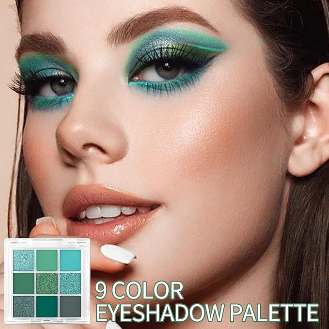 Erinde Matte Shimmer Light Deep Green Eye Shadow Palette Makeup Eyeshadow, Long Lasting Waterproof Cruelty-Free, 9 Blendable Shades Smooth Finishes Powder with Gorgeous Pearls for Girls-BrightBean Baby